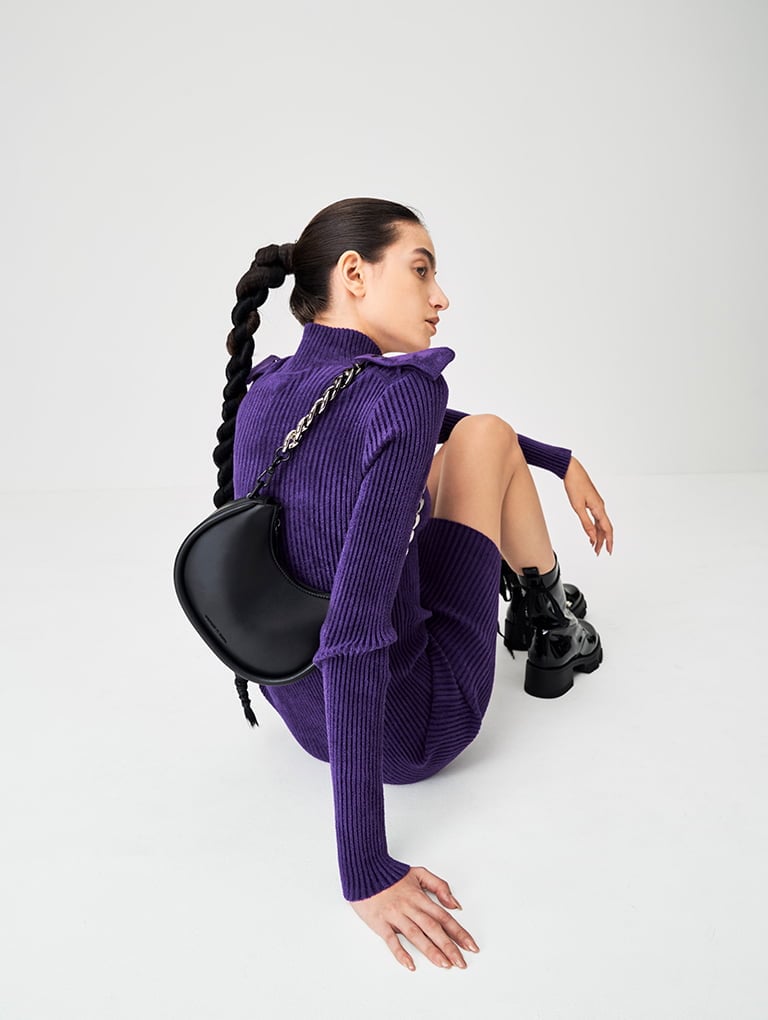 Lana Curved Shoulder Bag in black and Hayden Bead-Embellished Patent Boots in black  - CHARLES & KEITH