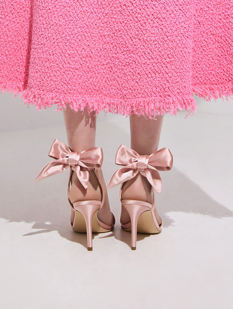 Women’s satin tie-around heeled sandals in pink (close up) – CHARLES & KEITH