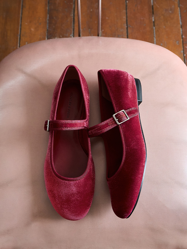 Women’s velvet buckled Mary Janes in pink (close up)  - CHARLES & KEITH