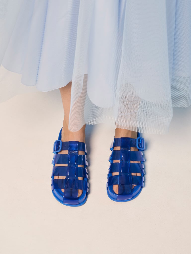 Women’s Madison caged see-through slide sandals in blue (close up) - CHARLES & KEITH