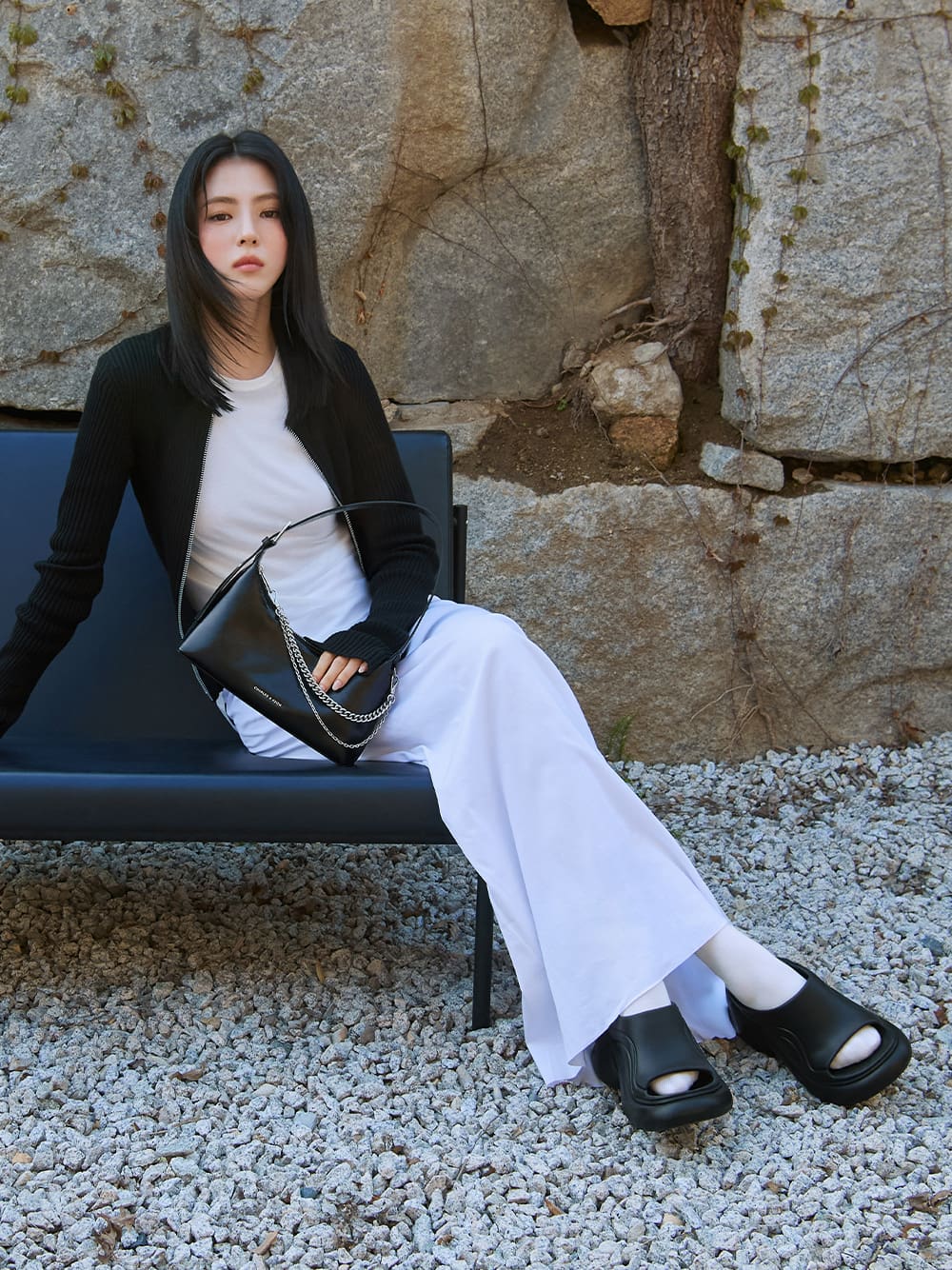 Women’s Atwood chain-embellished shoulder bag and Eva sculptural platform sandals, as seen on Han So Hee - CHARLES & KEITH