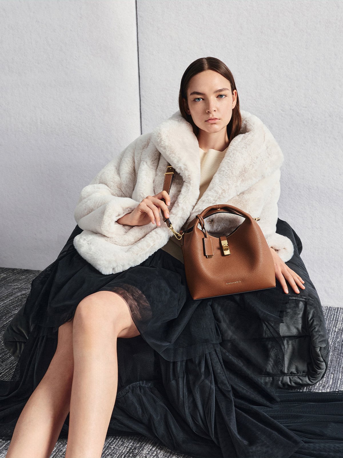 Chance Recycled Leather Turn-Lock Bucket Bag - Chocolate - CHARLES & KEITH