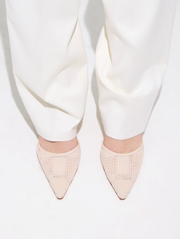 Women’s mesh woven heeled mules in cream (close up) – CHARLES & KEITH