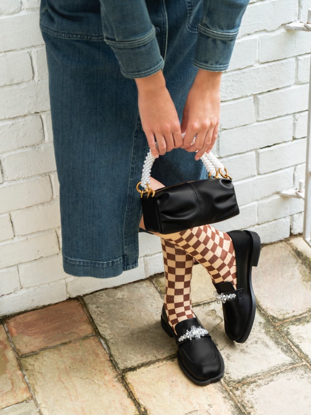 Women's black beaded handle ruched shoulder bag and black bead-embellished penny loafers - CHARLES & KEITH