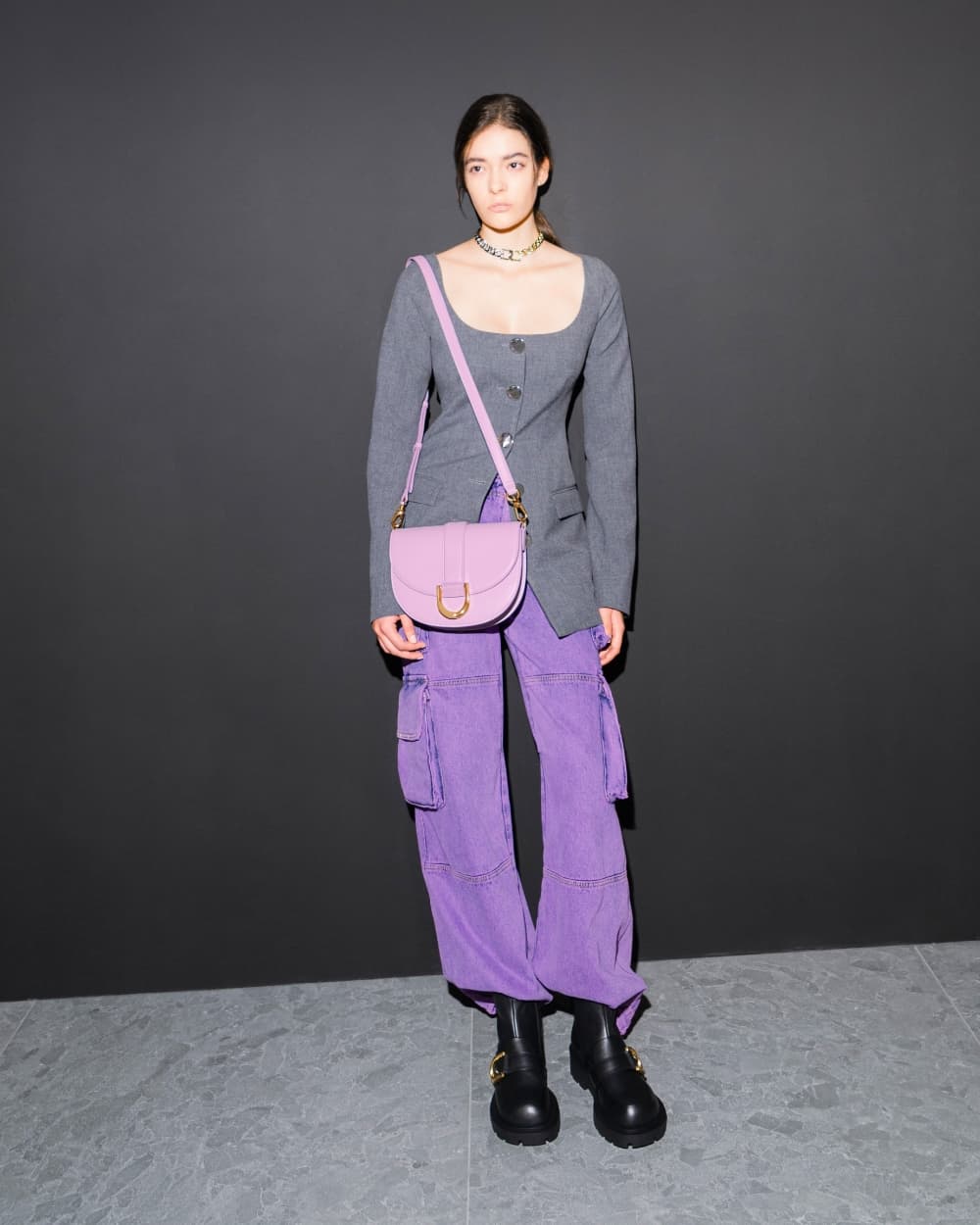 Women's black Gabine loafer ankle boots; lilac Gabine saddle bag and multicoloured Gabine chain-link choker necklace - CHARLES & KEITH