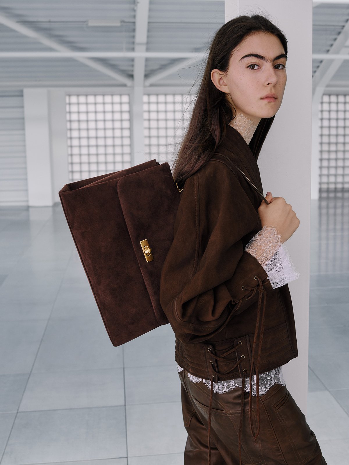Kerry Recycled Suede Top Handle Satchel Bag - Espresso Brown - CHARLES & KEITH