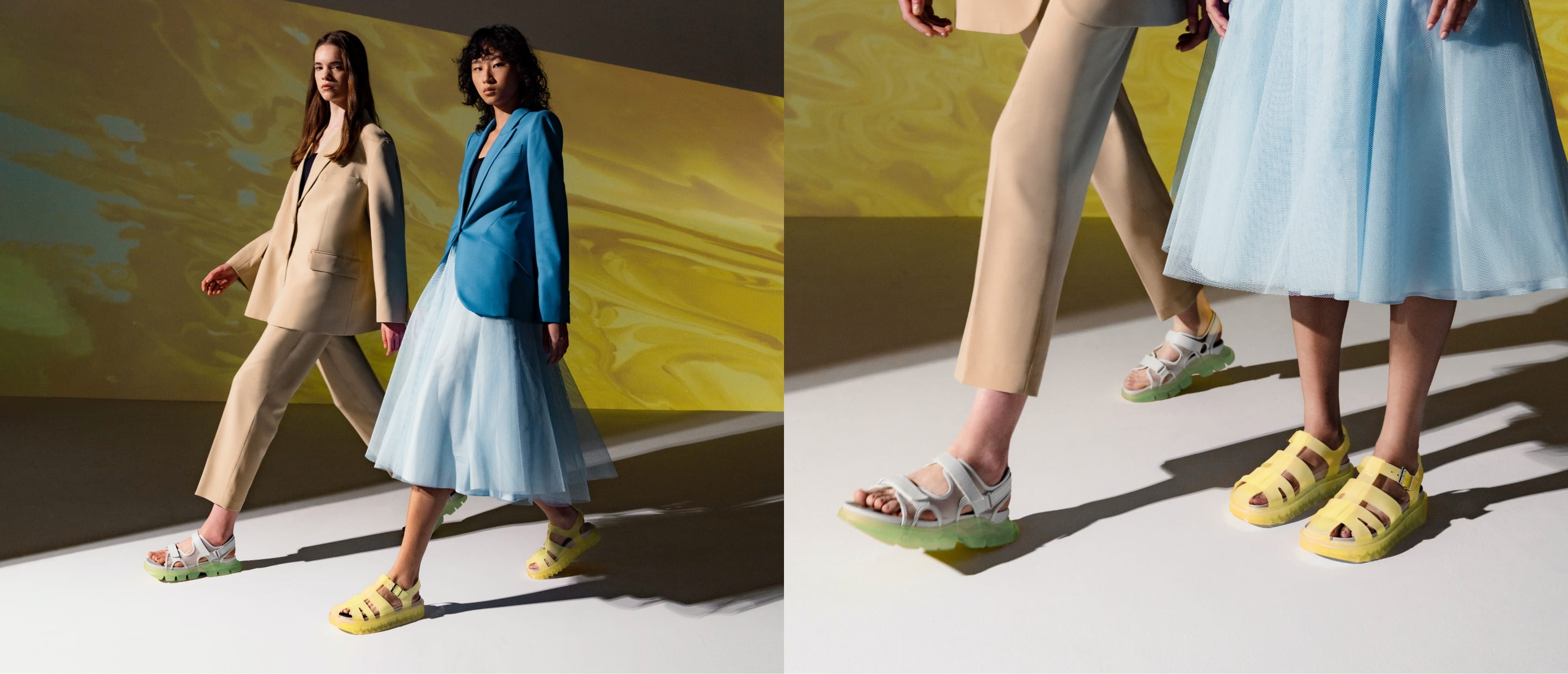 Women’s Coloured Translucent-Sole Chunky Sport Sandals in green and Translucent Caged Sandals in yellow - CHARLES & KEITH