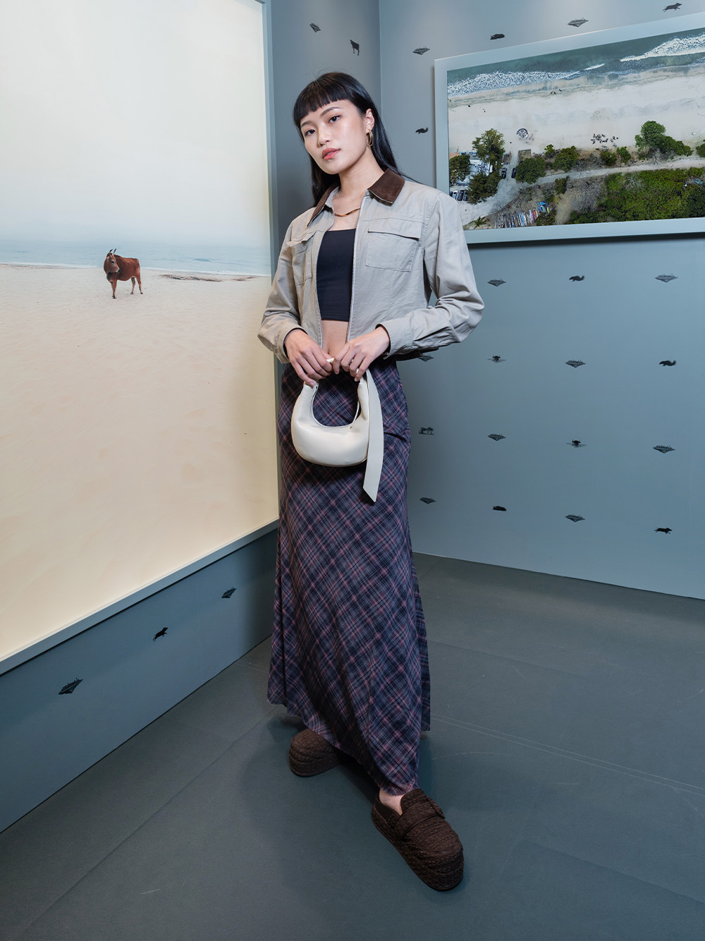 Women’s micro Toni knotted crescent hobo bag and Loren textured flatform mules, as seen on Katy Chow - CHARLES & KEITH