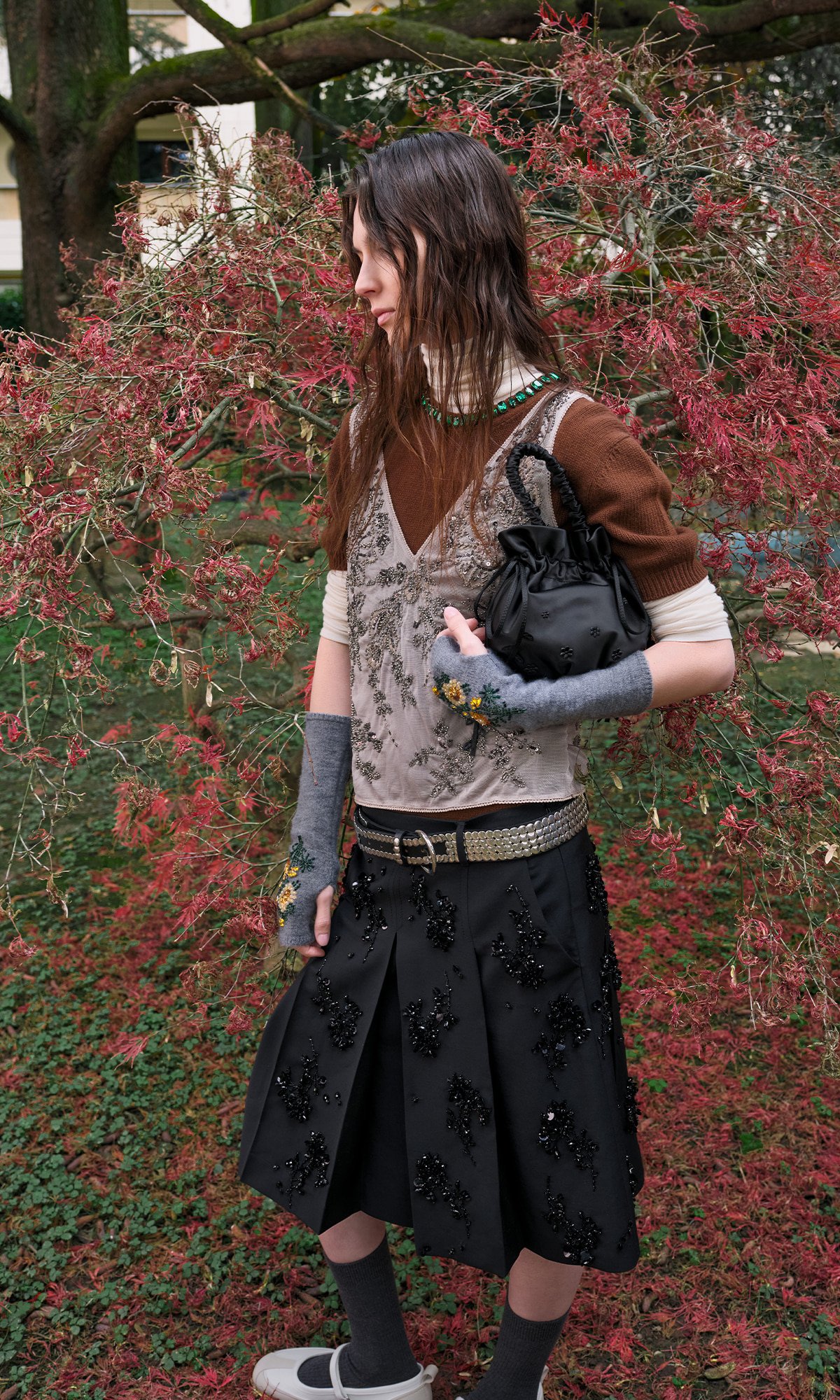 Noir Mabel Satin Floral-Vine Bucket Bag - CHARLES & KEITH