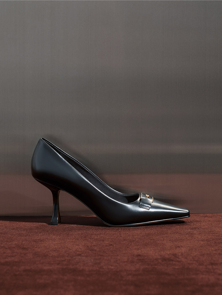 Leather Sculptural-Heel Square-Toe Pumps in black - CHARLES & KEITH