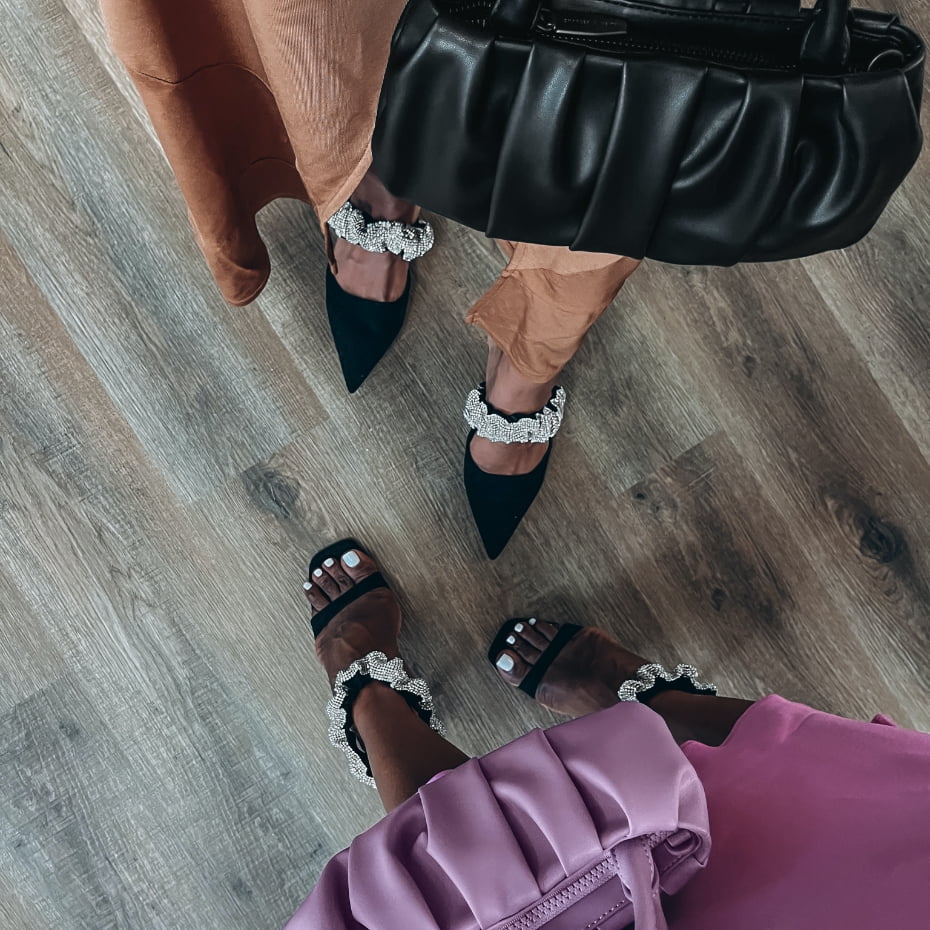 Women’s Claudette ruched top handle bags, gem-encrusted ruched strap textured mules and gem-encrusted ruffle strap stiletto sandals, as seen on Nasteha and Nuni Yusuf - CHARLES & KEITH