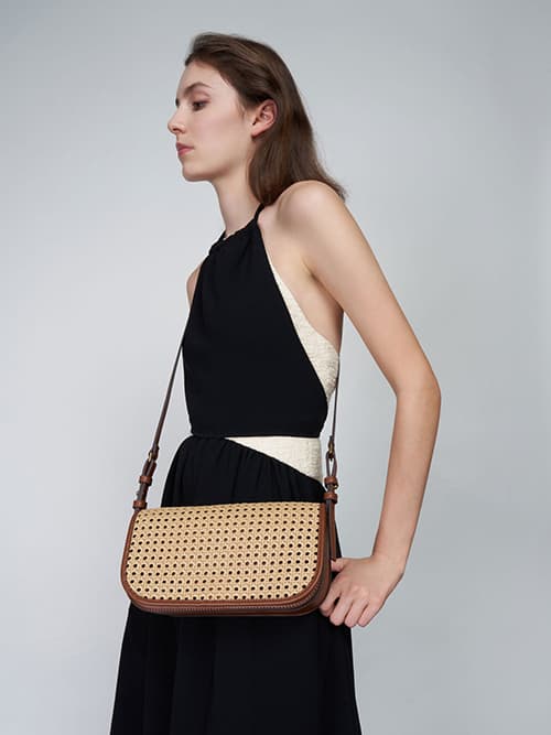 Woven Flap Shoulder Bag, Brown