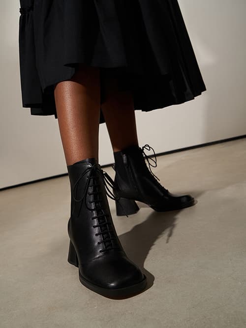 Leather Lace-Up Ankle Boots, Black