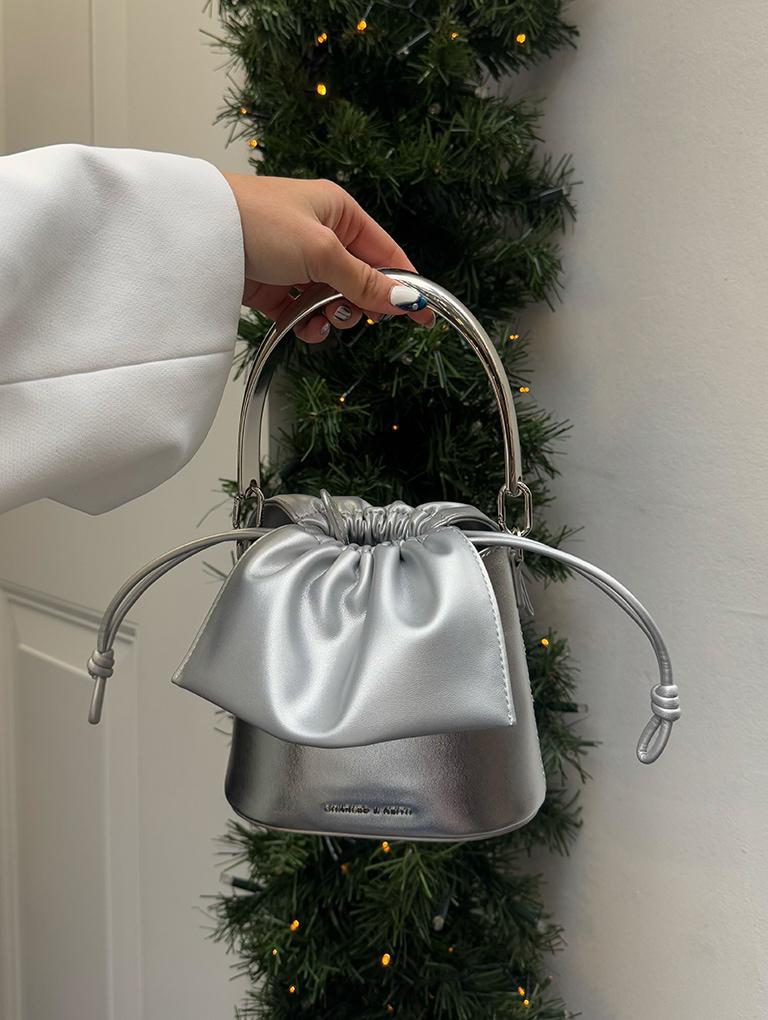 Women's metallic ruched-flap drawstring bucket bag - - CHARLES & KEITH