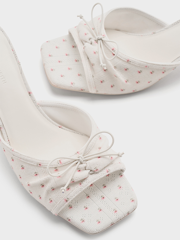  Floral-Print Ruched Bow Heeled Mules - CHARLES & KEITH