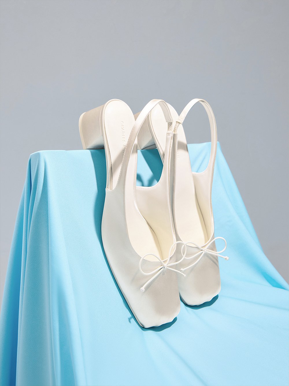 Satin Bow Square-Toe Slingback Pumps - chalk - CHARLES & KEITH