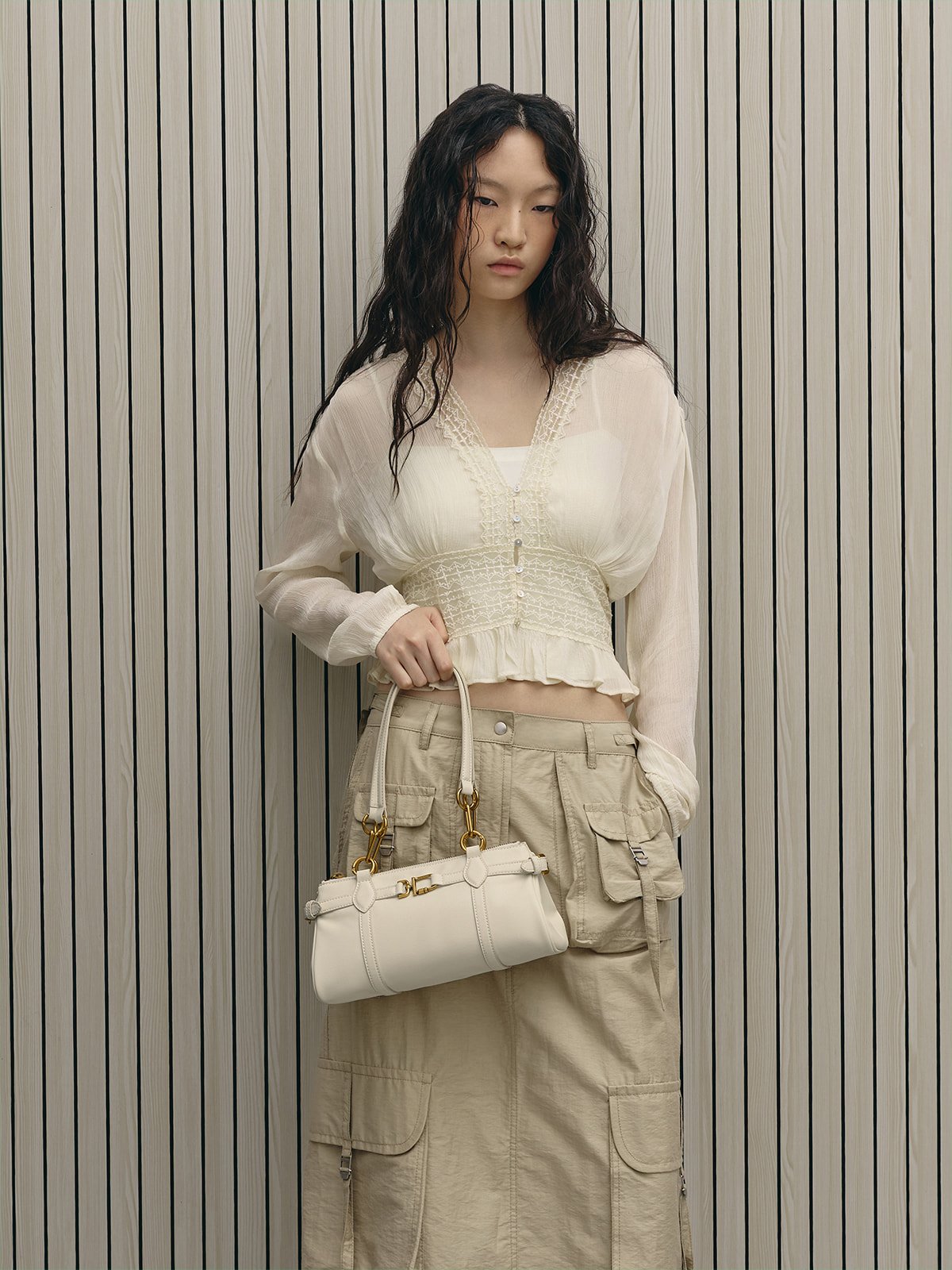 Cream Gwynne Metallic-Accent Elongated Shoulder Bag -  CHARLES & KEITH