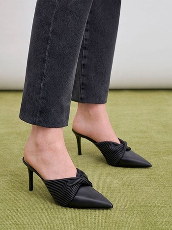 Pleated Wrap Heeled Mules, Black