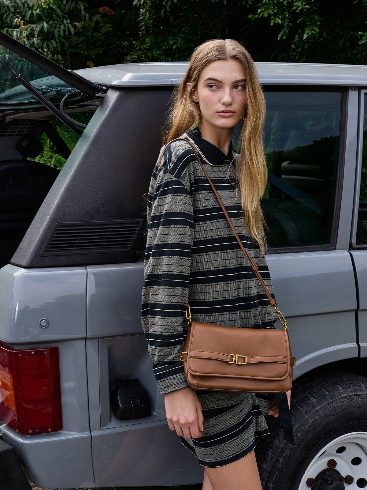 Black Gwynne Metallic-Accent Elongated Shoulder Bag  -  CHARLES & KEITH