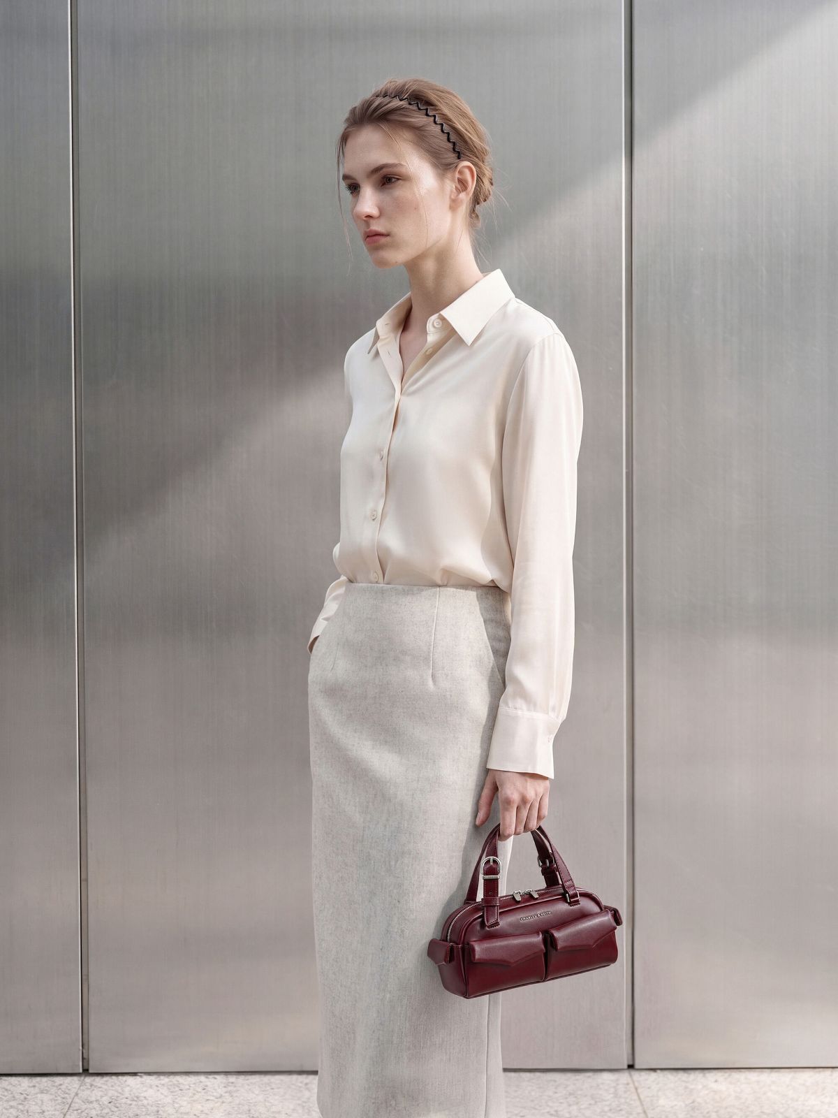 Burgundy Rachel Multi-Pocket Bowling Bag -  CHARLES & KEITH
