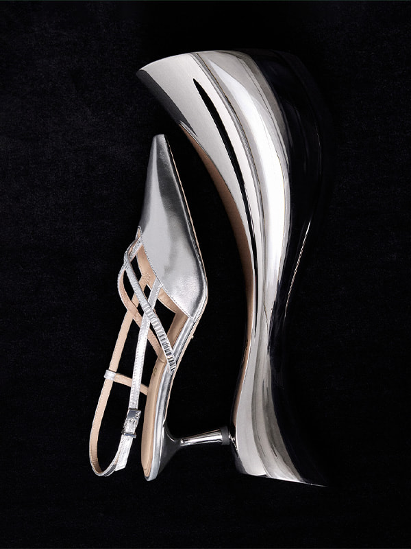 Image 116: Silver Metallic Leather & Satin Crystal-Embellished Slingback Pumps - CHARLES & KEITH