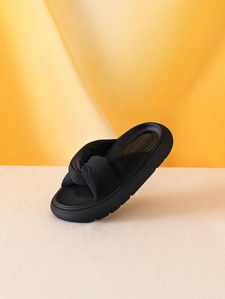 Women’s Nylon round-toe slide sandals in black  - CHARLES & KEITH