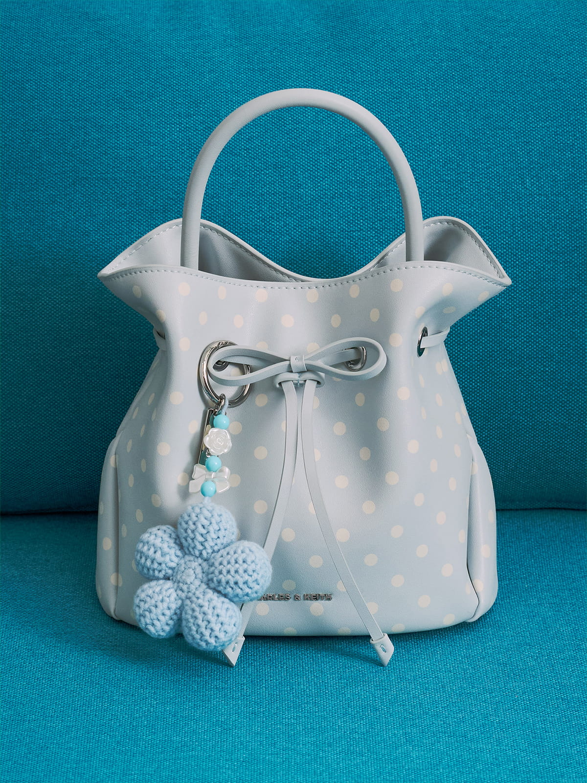 Sea Salt Blue Hazel Polka-Dot Bow Bucket Bag - CHARLES & KEITH