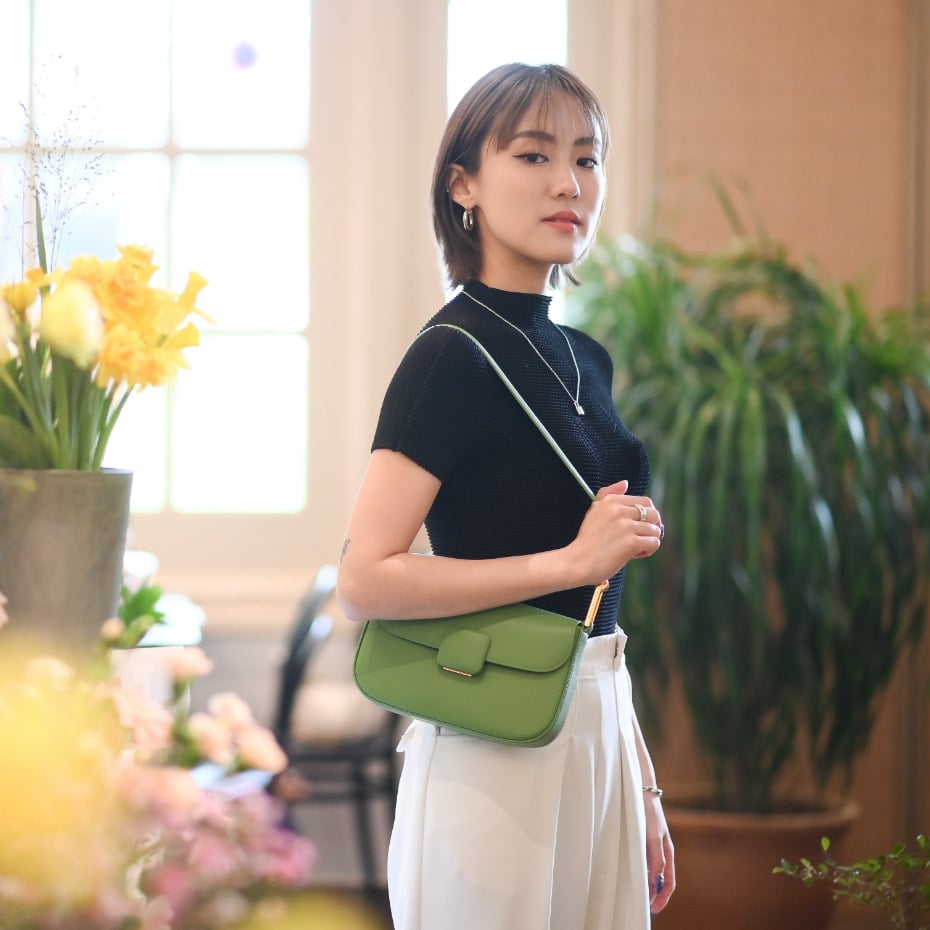 Women’s Koa square push-lock shoulder bag in green, as seen on Valerie Wang - CHARLES & KEITH