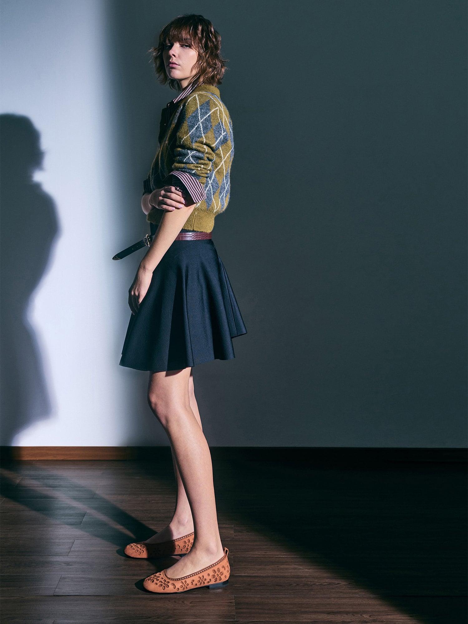 Leather Embroidered Ballet Flats - Cognac - CHARLES & KEITH