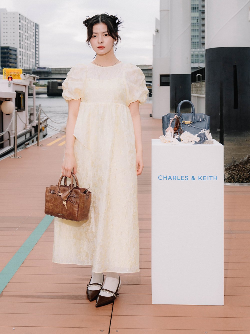 Women’s distressed tan Delfina belted tote bag, as seen on Hanon - CHARLES & KEITH