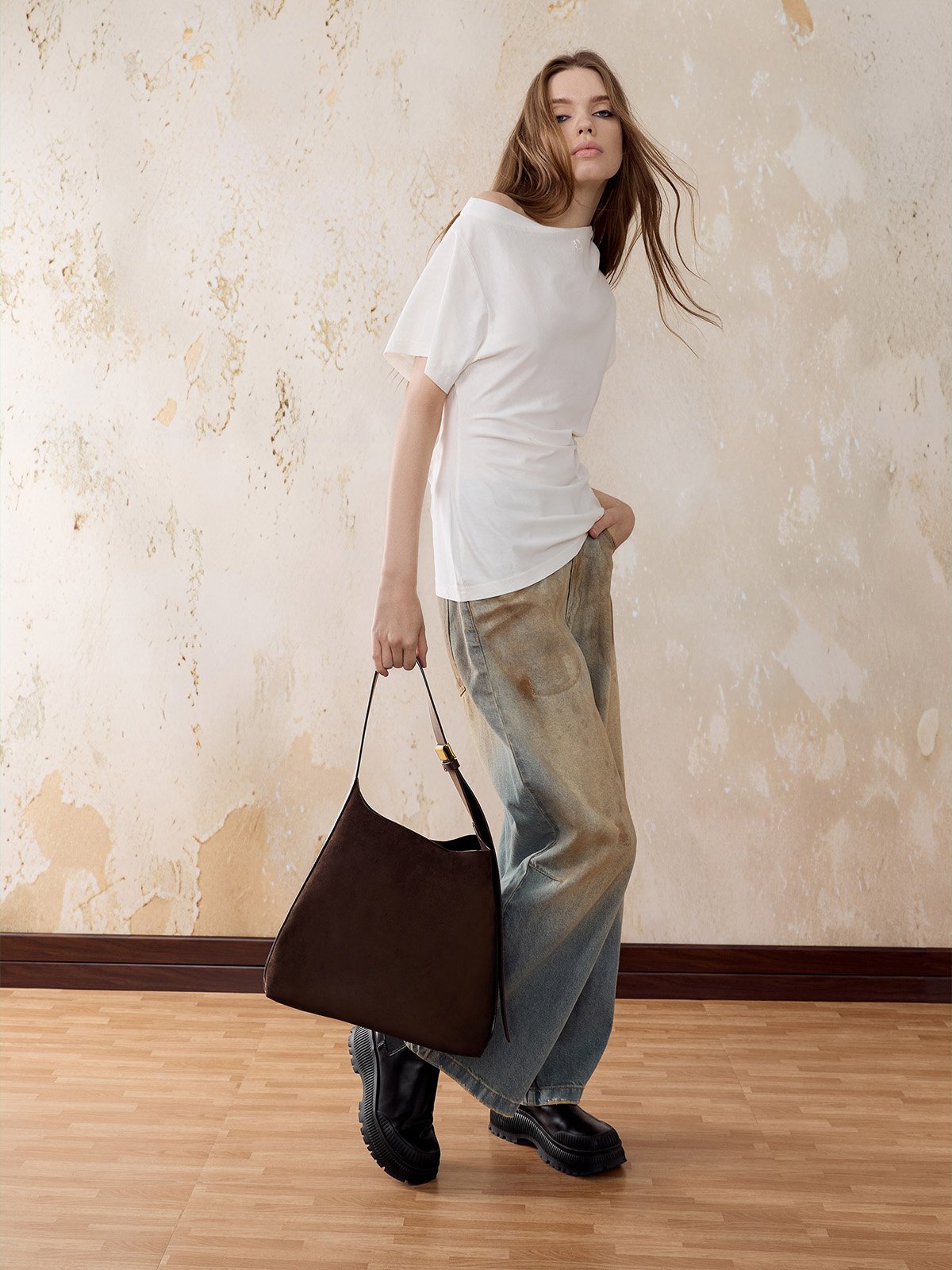 Sahara Sand Victoria Recycled Suede Belted Trapeze Tote Bag - CHARLES & KEITH