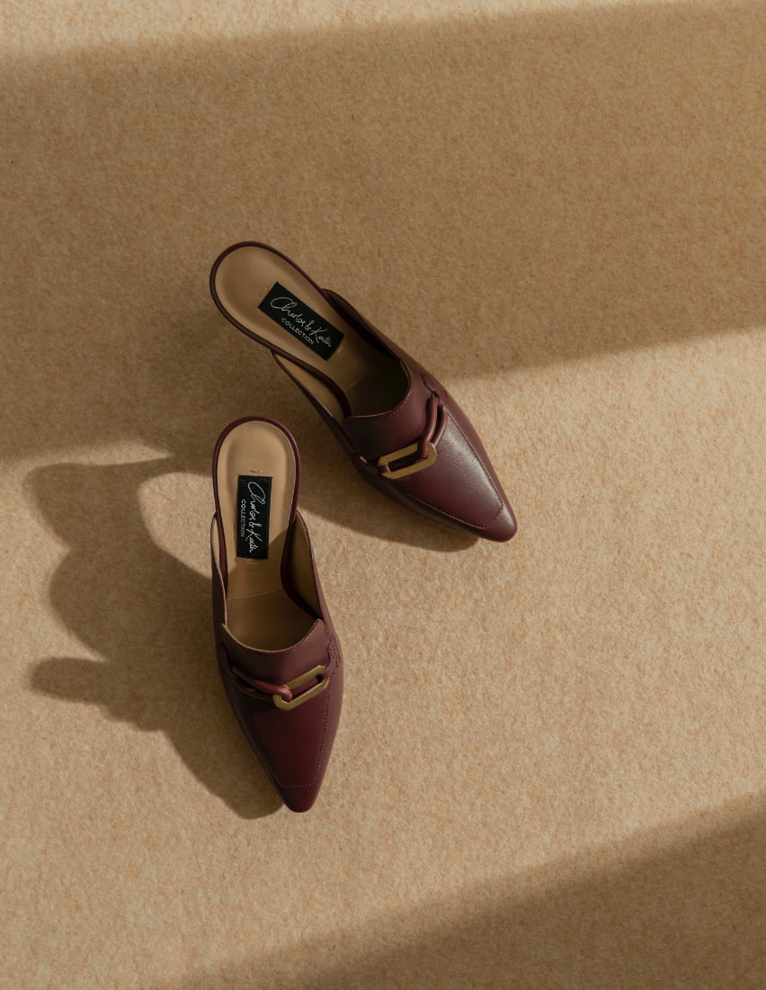 Women’s embellished leather mules in burgundy – CHARLES & KEITH