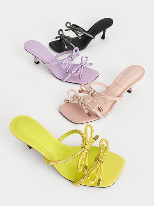 Gem-Embellished Bow-Tie Mules, Nude, Lilac, Yellow & Black