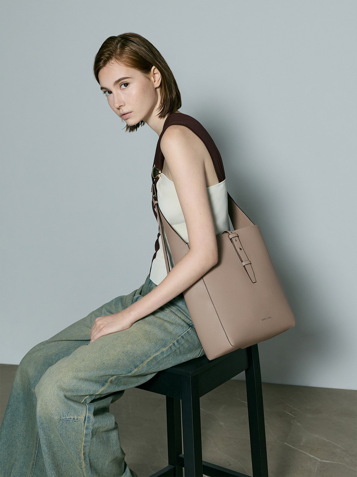 Taupe Beryl Recycled Leather Belted Hobo Bag - CHARLES & KEITH