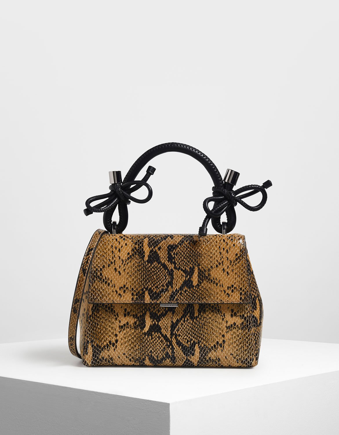 Women's Double Bow Leather Top Handle Snake Print Bag - CHARLES & KEITH