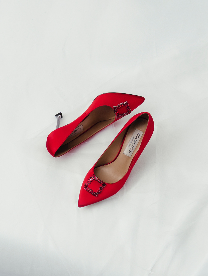 Women’s satin gem-embellished pumps in red (close up) - CHARLES & KEITH