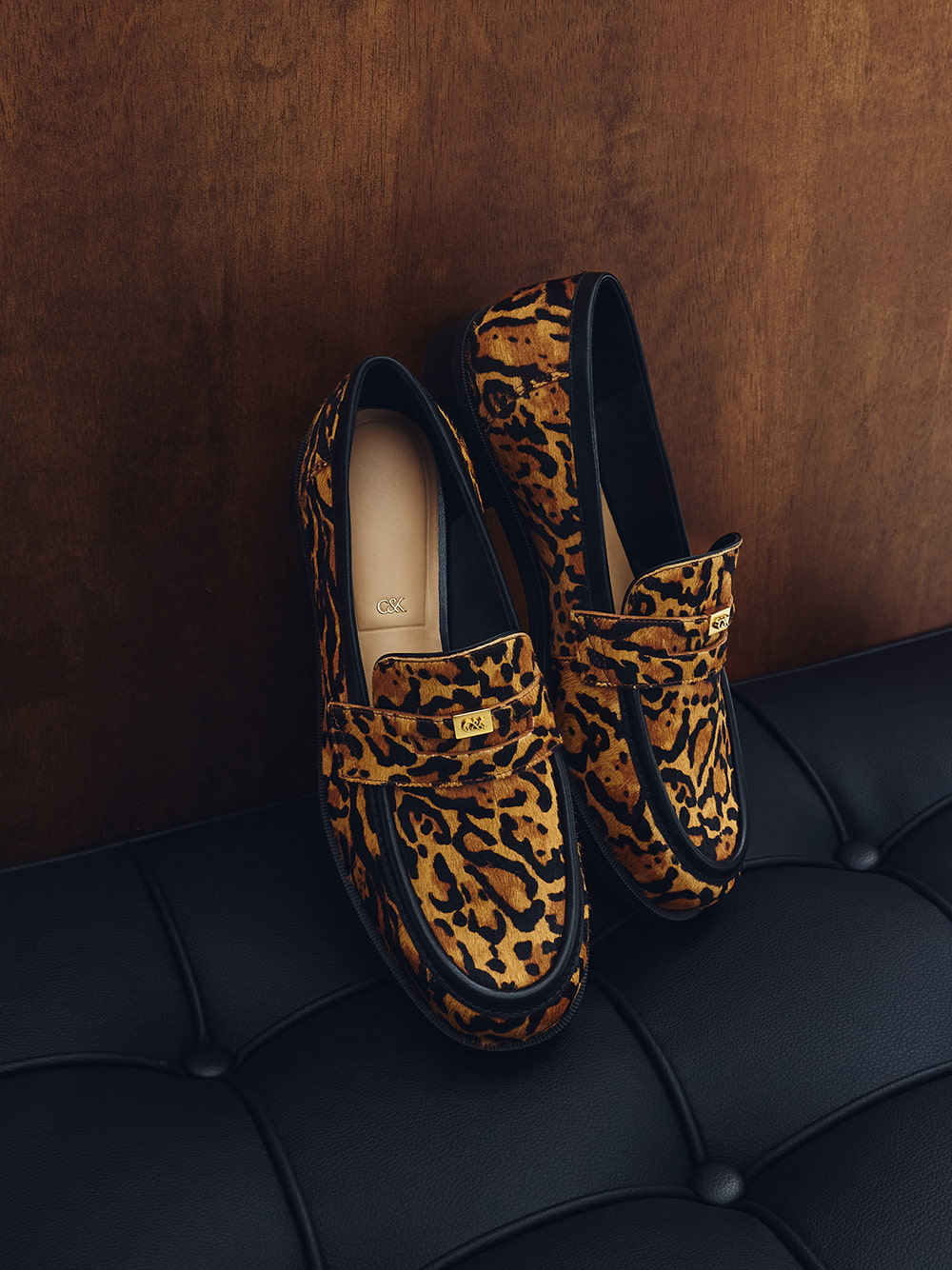 Women's Georgina Calf Hair Leopard-Print Metallic-Accent Penny Loafers in animal print brown - CHARLES & KEITH