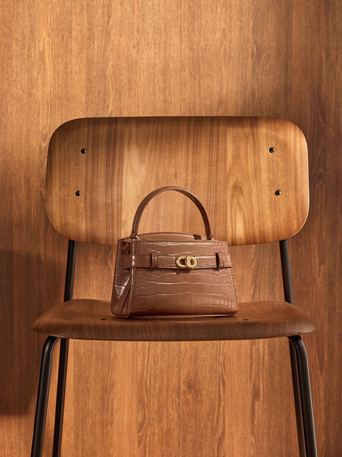 Chocolate Croco Aubrielle Croc-Effect Top Handle Bag - CHARLES & KEITH