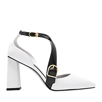 TWO TONE BUCKLE DETAIL CRISS CROSS BLOCK HEEL PUMPS