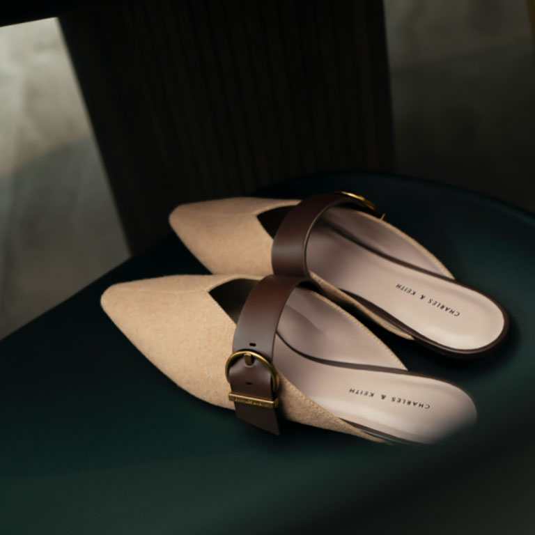 women’s textured v cut buckled flat mules in beige (close up) – CHARLES & KEITH