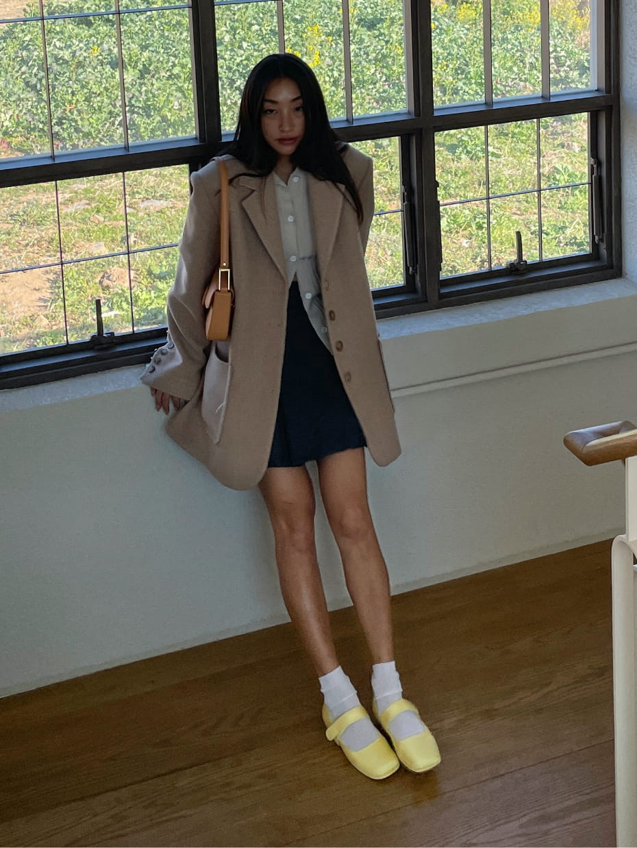 Women’s Koa square push-lock shoulder bag and Nori recycled polyester Mary Jane flats, as seen on Dasha Kim - CHARLES & KEITH