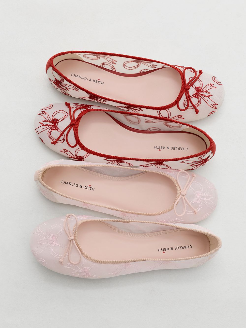 Women's Mesh Bow Ballet Flats in red and light pink - CHARLES & KEITH
