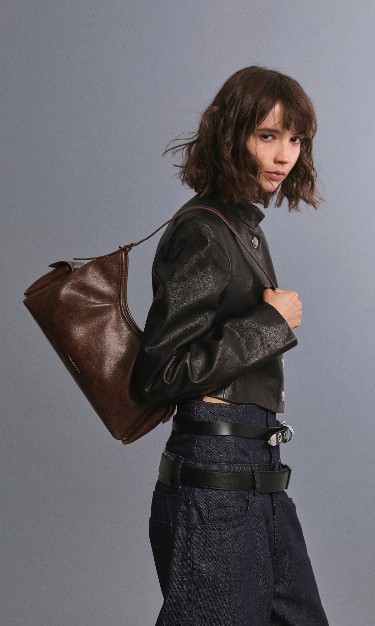 Khai Side-Pocket Shoulder Bag - Distressed Coffee - CHARLES & KEITH
