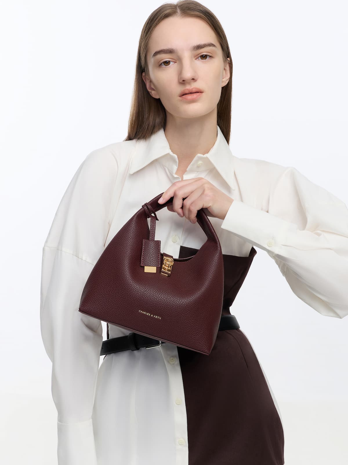 Wineberry Red Chance Turn-Lock Bucket Bag - CHARLES & KEITH