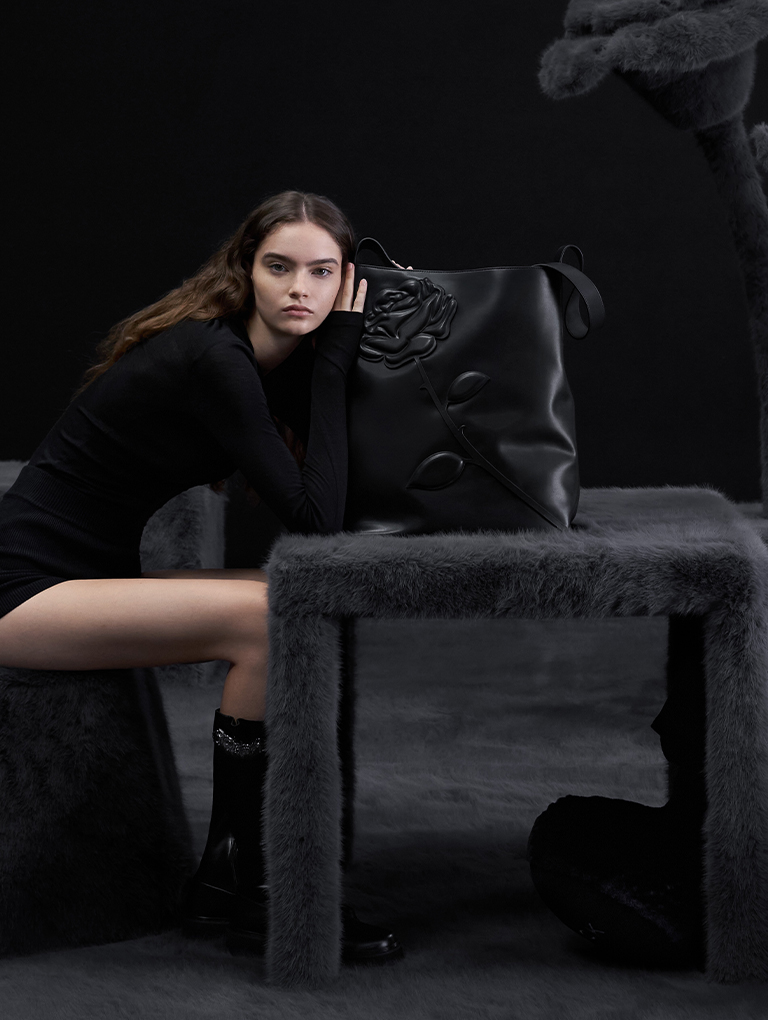 Rose-Motif Trapeze Shoulder Bag and Imogen Rose-Motif Chunky Knee-High Boots - CHARLES & KEITH x BLVCK