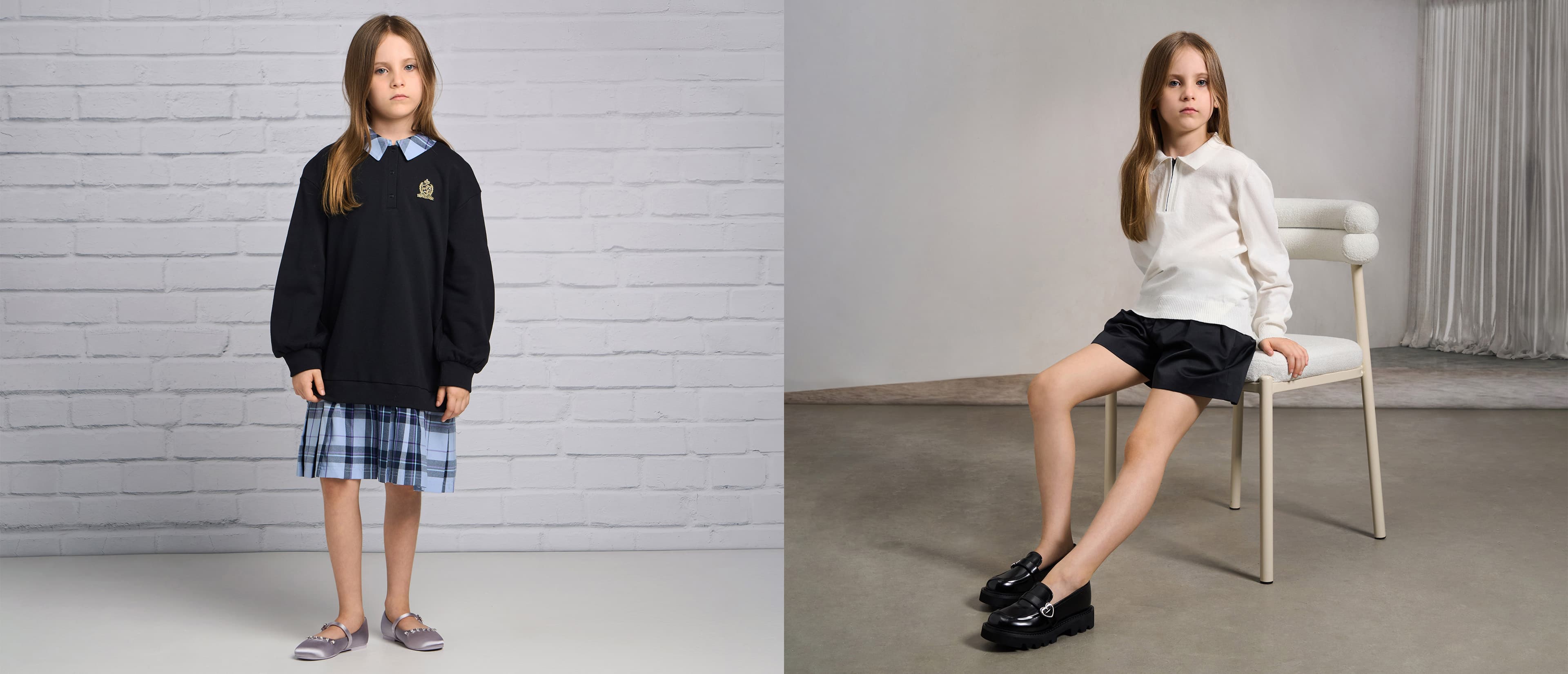Girls’ satin heart-embellished Mary Janes in silver & girls’ heart-buckle loafers in black - CHARLES & KEITH