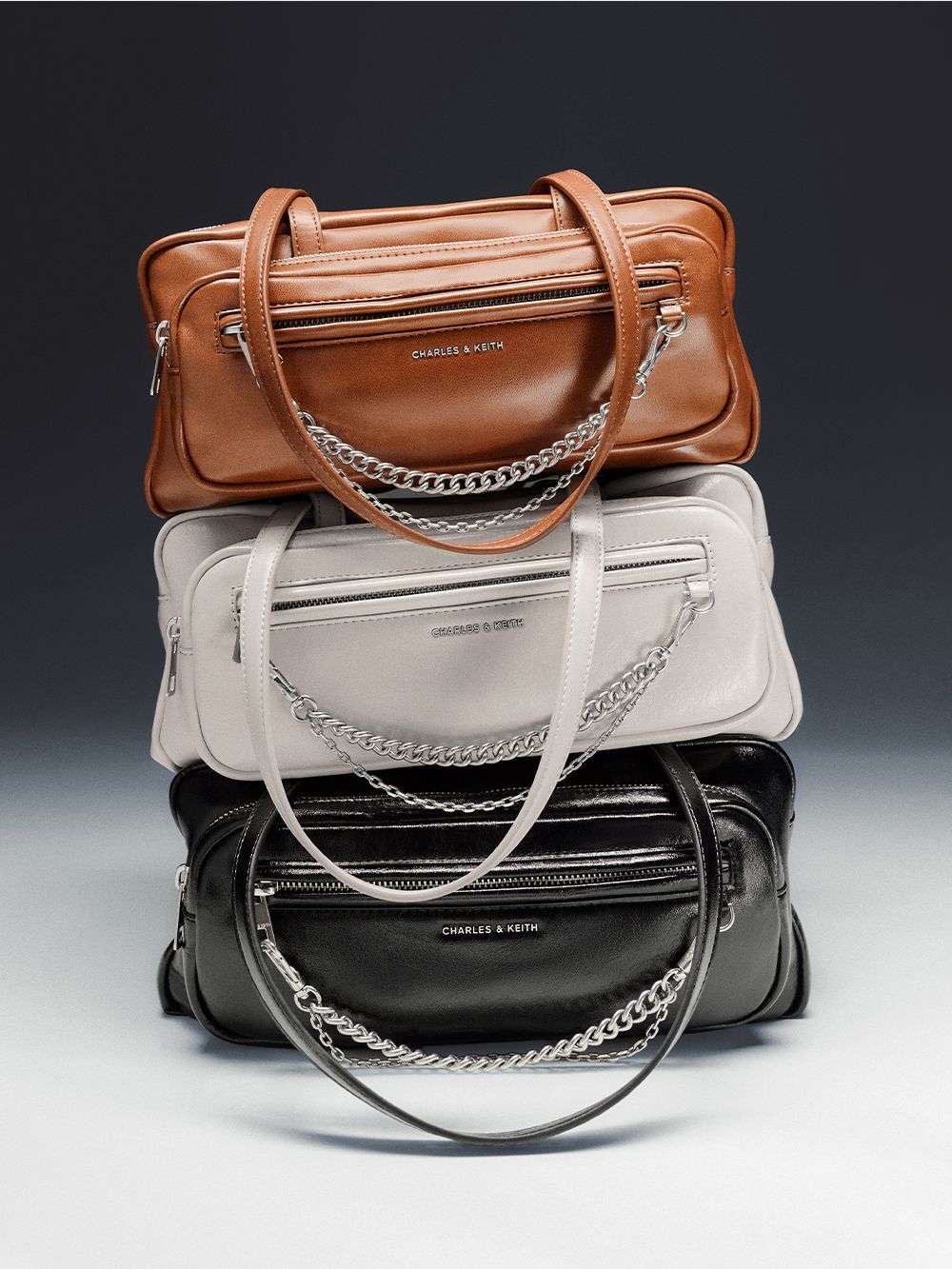 Noir Atwood Chain Elongated Shoulder Bag - CHARLES & KEITH