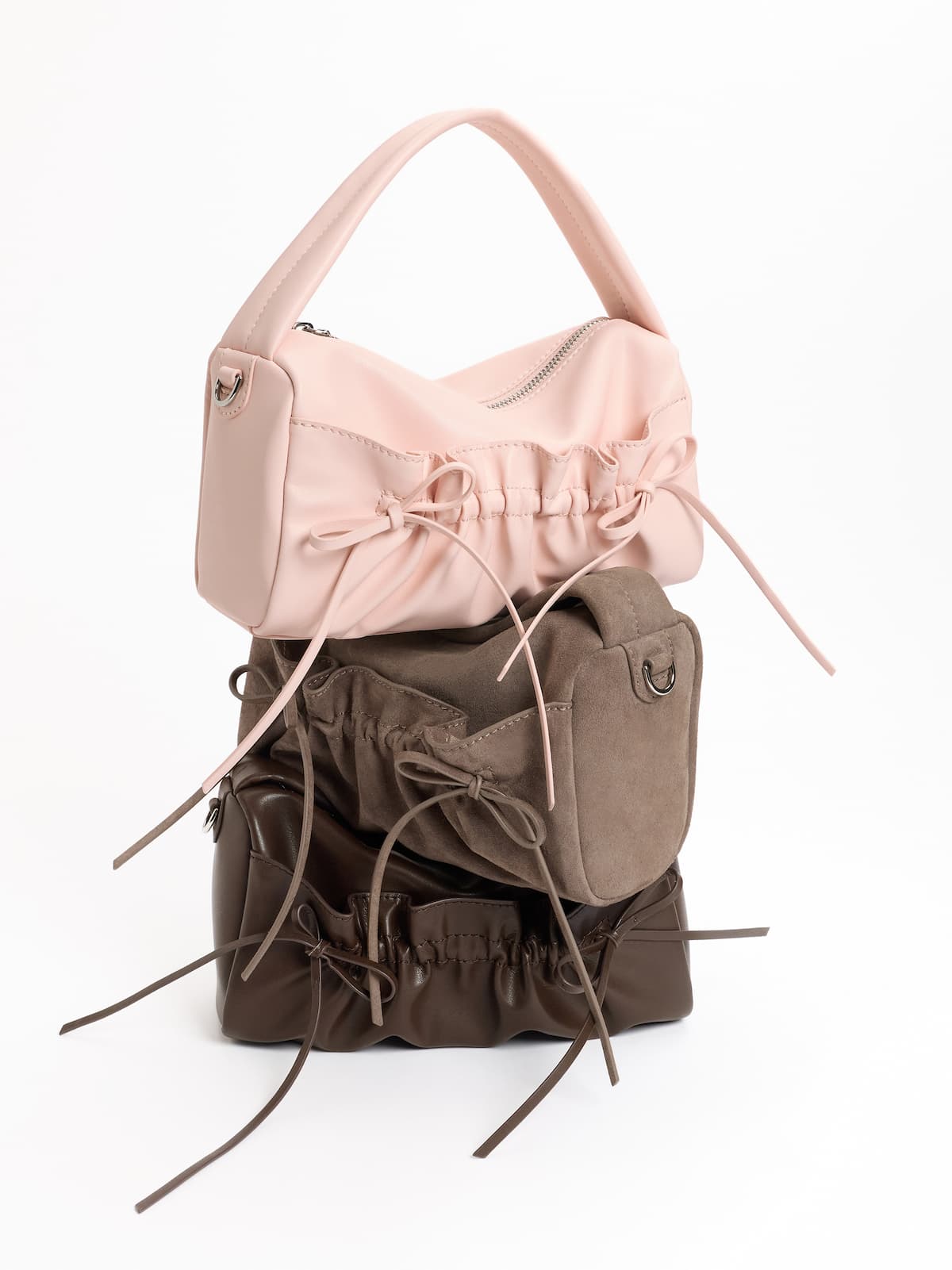 Stone Grey Reese Ruched Bow Top Handle Bag - CHARLES & KEITH