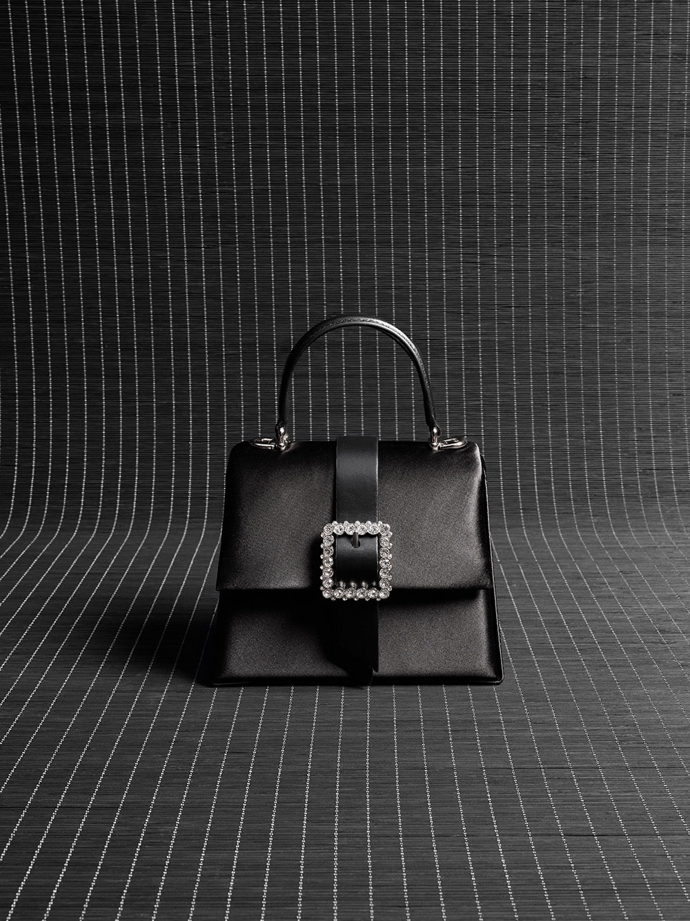 Satin Crystal-Buckle Belted Top Handle Bag in black - CHARLES & KEITH