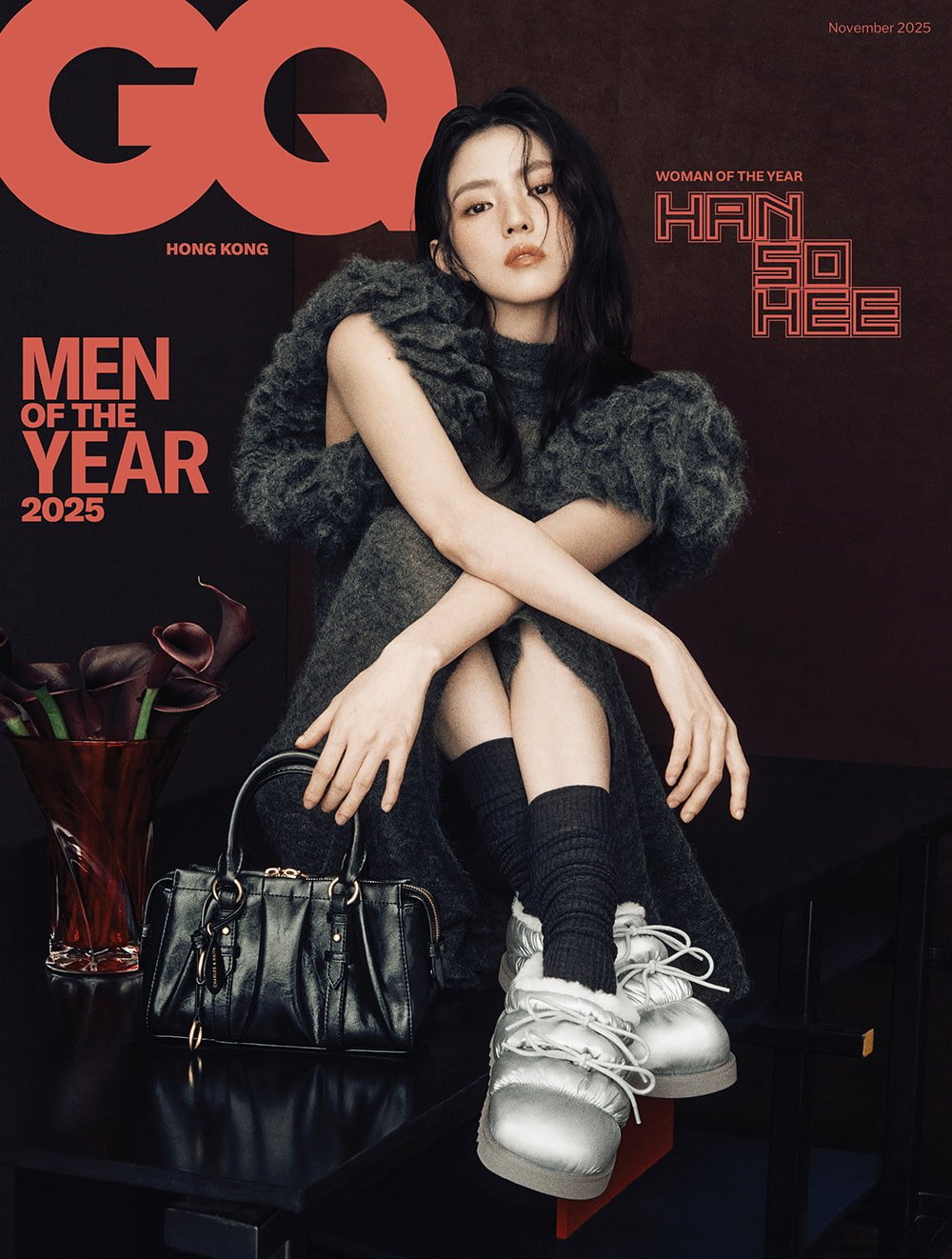The actress is GQ Hong Kong’s Woman of the Year and the cover star of its November 2025 issue; Sianna Bowling Bag in mocha brown and Winona Mary Jane Pumps in light grey - CHARLES & KEITH